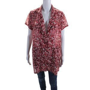 Muze Womens Abstract Print Short Sleeves Button Down Shirt White Red Size Medium